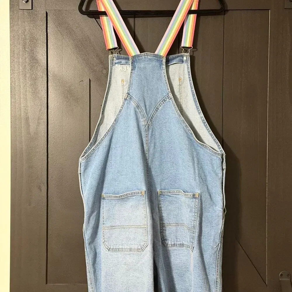 Rainbow Strap Denim Romper Overalls “Queen” Embroidered Trendy Y2K Cottagecore - Picture 4 of 8